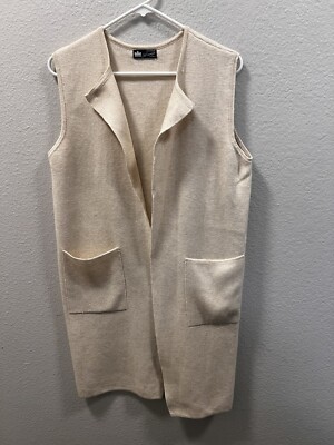 Cashmere Knit Sweater Vest Open Front Sleeveless Beige Long Women’s Size M 
