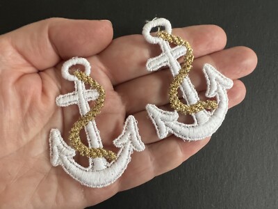 2 Vintage Aufnäher bestickt Anker Patches Motive Maritim Borte 62mm weiß gold