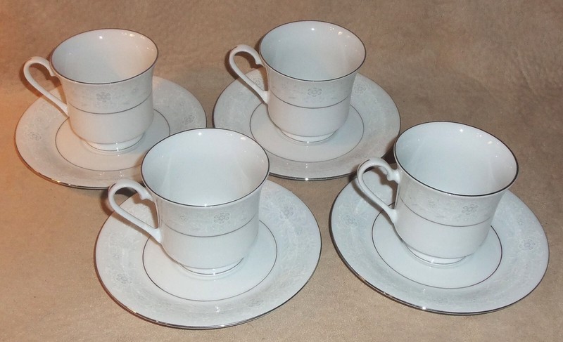 1980s Sea Gull Fine China Jian Shian Cup & Saucer Set of 4 White w Silver Trim