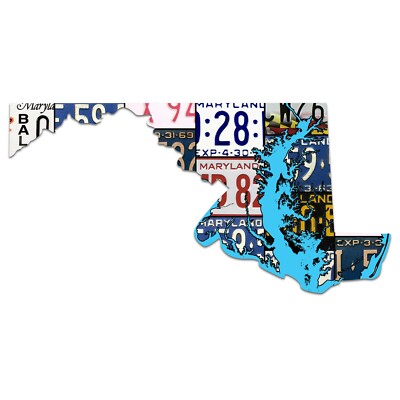 MARYLAND License Plate Map Cut Sign, TREASURE THE CHESAPEAKE License Plates Sign