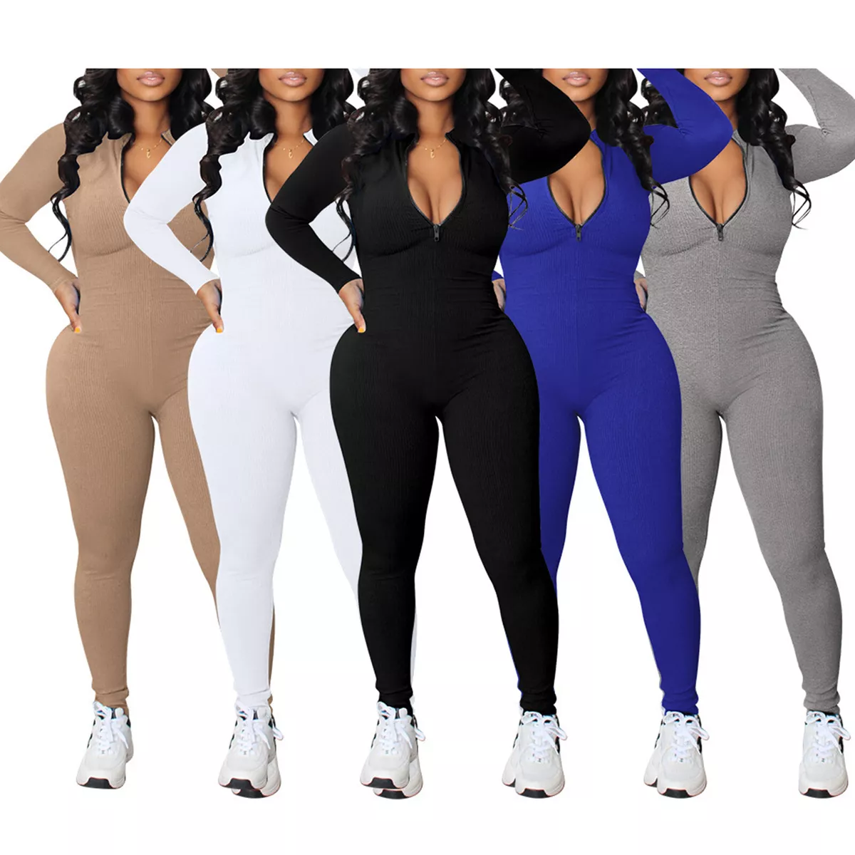 Women Long Sleeve V Neck Zipper Rompers Bodycon Jumpsuit Bodysuit Workout  Outfit