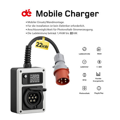Mobile Wallbox 22kW AC Ladegerät 32A Intelligente Wallbox with 32A/16A Adapter