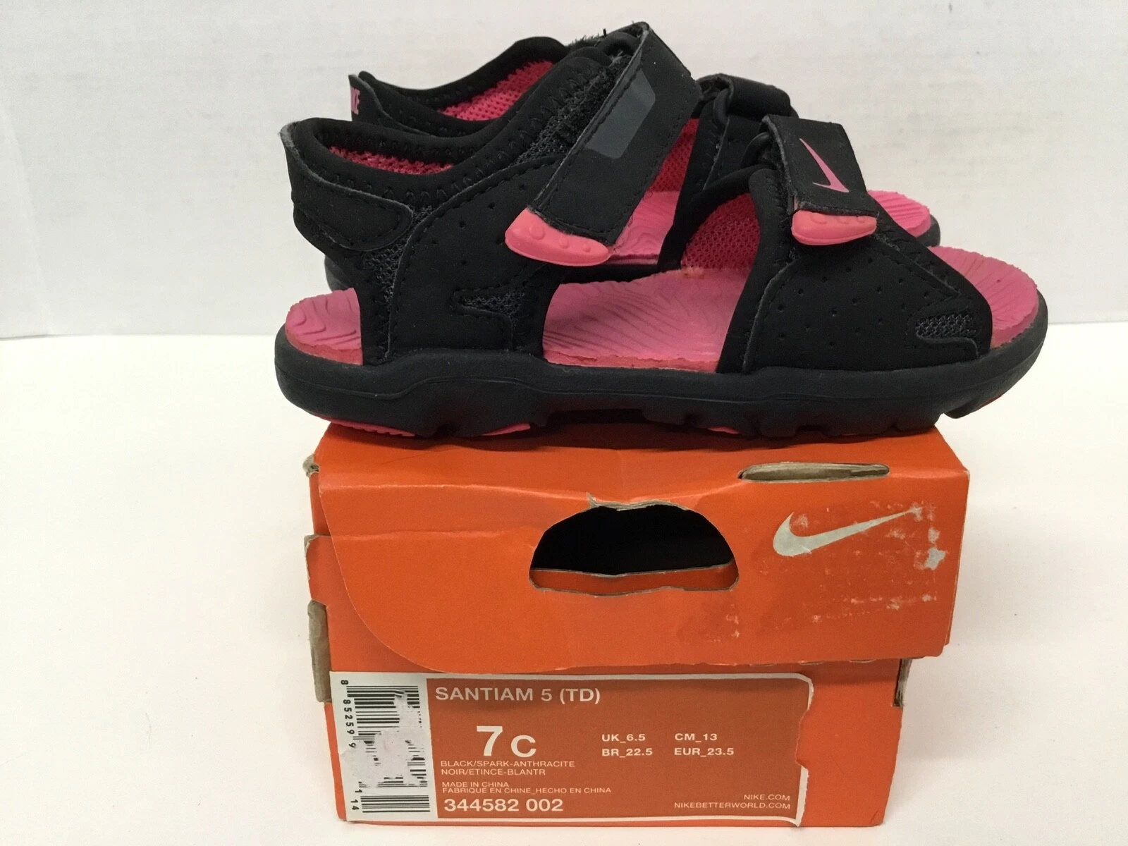 Nike Santiam 5 (TD) sandalo bambino 344582 002 nero rosa taglia 7 vintage mai indossato