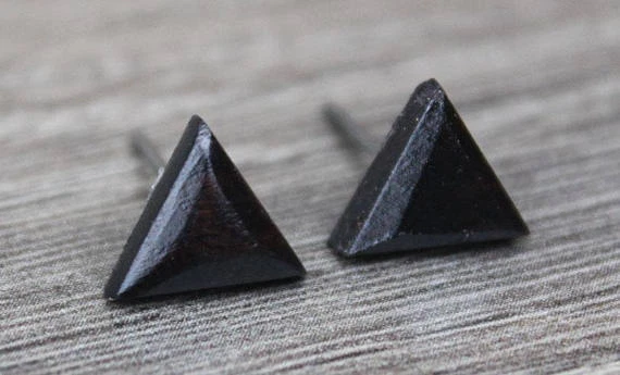 Post Earrings Titanium Wood Ebony Round Triangle Hexagon Unisex Men Women Pair - Image 2 of 4