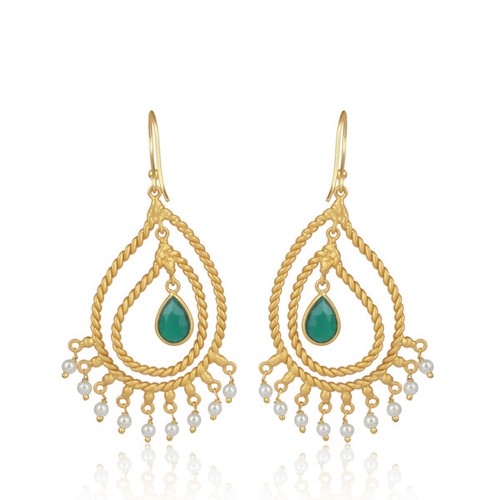 Twisted Wire Beaded Pearl Dangler Earrings 18k Gold Plated Handmade Jewelry - Picture 3 of 3