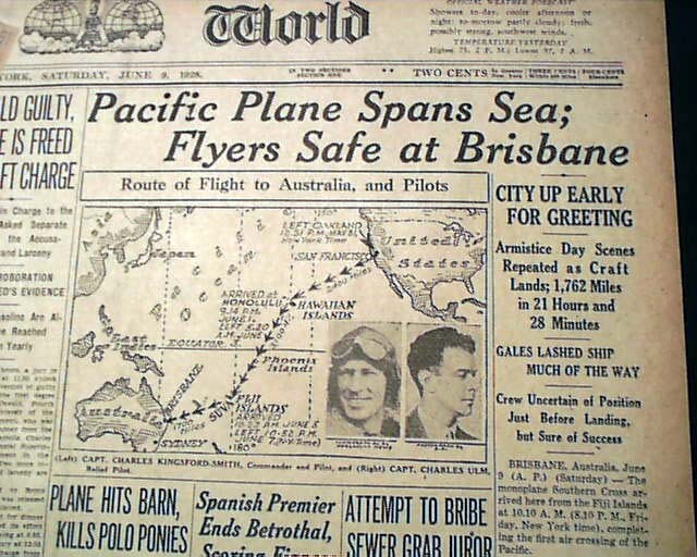 TRANSPACIFIC Airplane Flight AUSTRALIA Charles Kingsford Smith 1928 Newspaper eBay