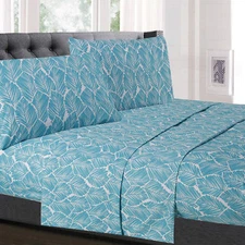 Tropical Leaf Printed Teal 4-PieceMicrofiber Sheet Set