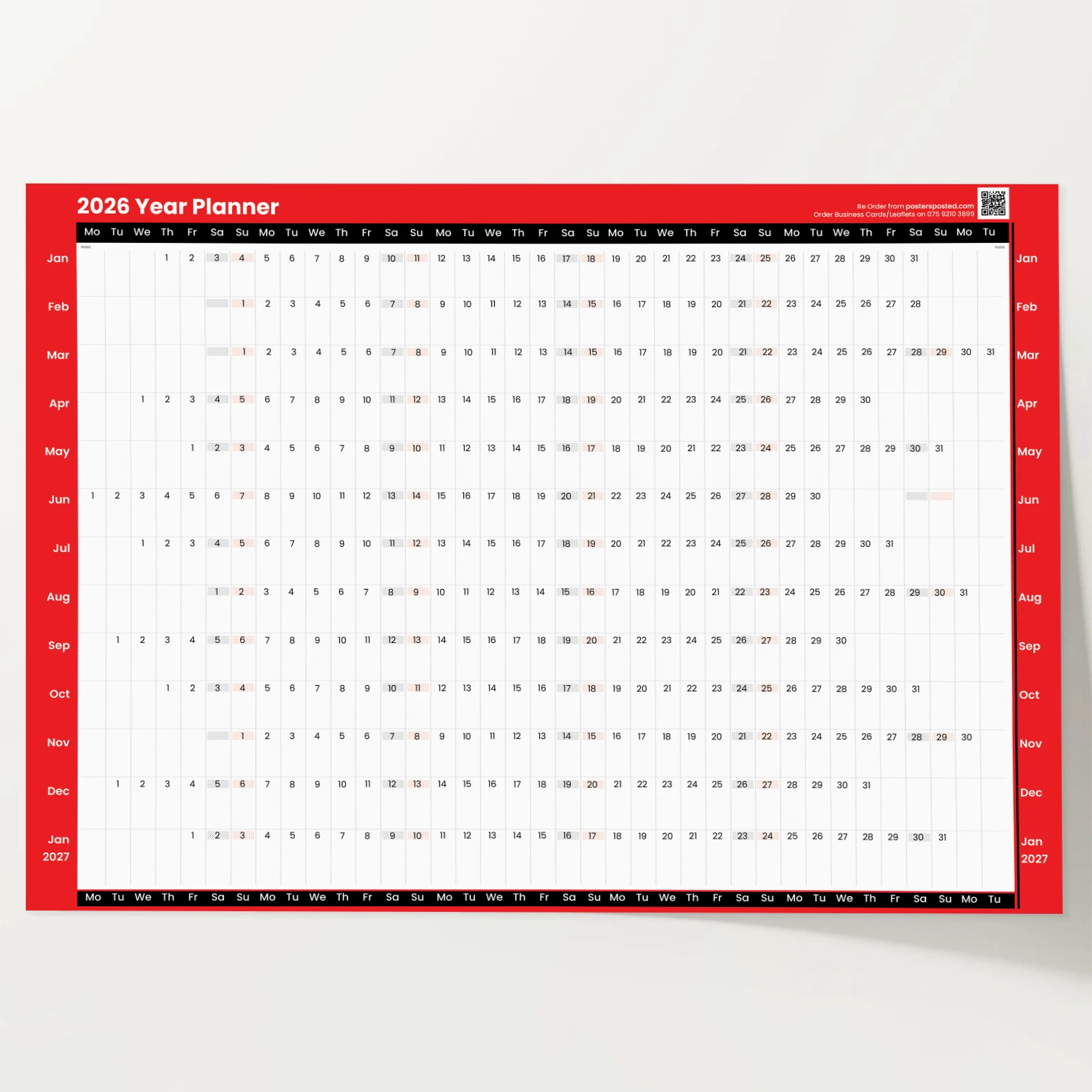 2026 full year wall planner calendar home office organiser red