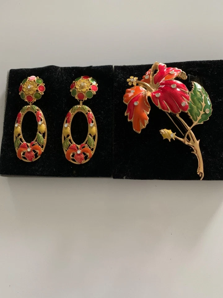 Barrera For Avon Large Statement Hibiscus Flower Enamel Brooch & Earrings Signed