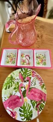 Pink Flamingo Melamine Dining Set Pitcher Platter 4 Plates Tropical Luau 6pc VGC