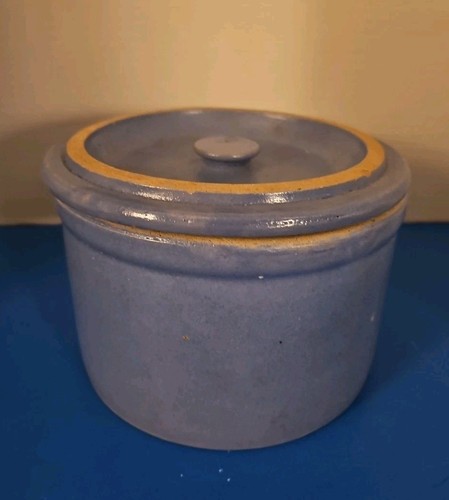 Antiker Vintage Butter Country blauer Steingut Topf mit Original Deckel