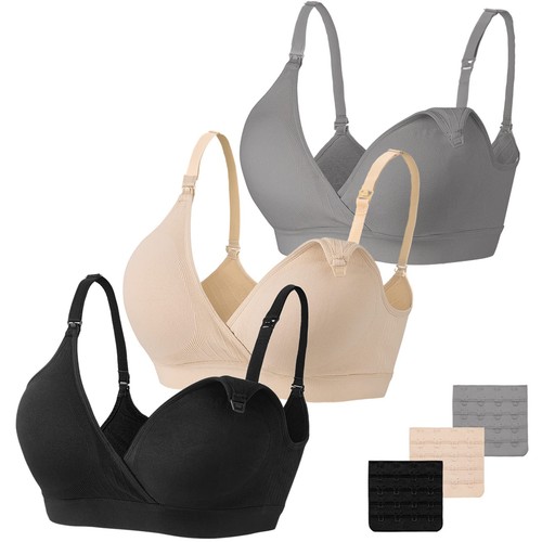 Vinfact Nursing Bras for Breastfeeding, Seamless V Neck, Black/Nude/Grey - XL