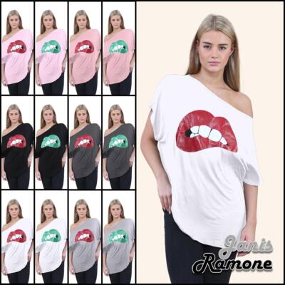 Womens Off Shoulder Top Batwing Sleeve Bardot Oversized T Shirt Plain Summer Top
