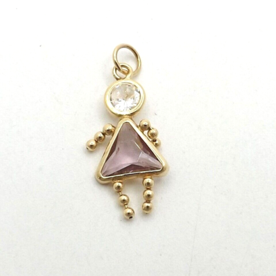 14k Gold October Birthstone Little Girl Charm Pendant Pink Clear