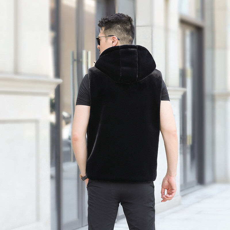 Mens Hooded Faux Mink Cashmere Fur Vest Sleeveless Gilet