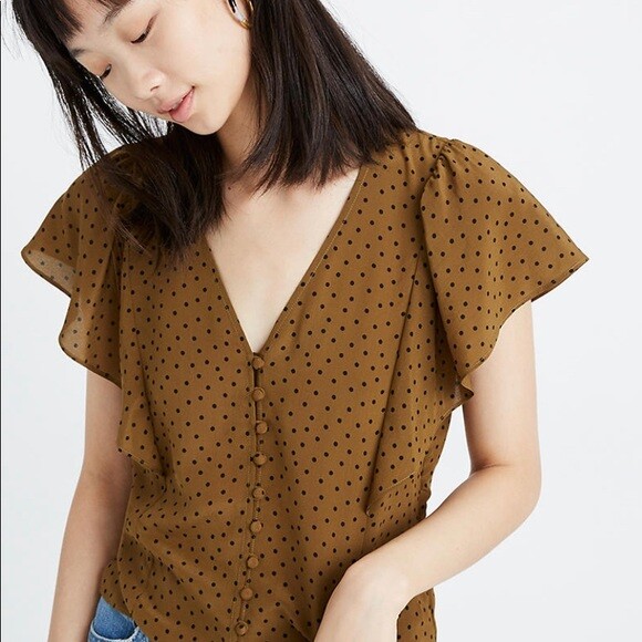 New Madewell Silk Carmelina Flutter-Sleeve Top Polka Dot shirt blouse AG606 sz0