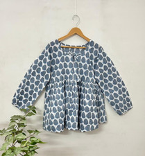 Ethnic Hand Block Printed Pure Cotton Long Tunic Top/Kurti For Women White