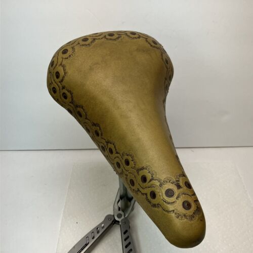 Vintage Persons Bicycle Saddle Seat Brown Tooled Decorated Leather - Picture 1 of 12
