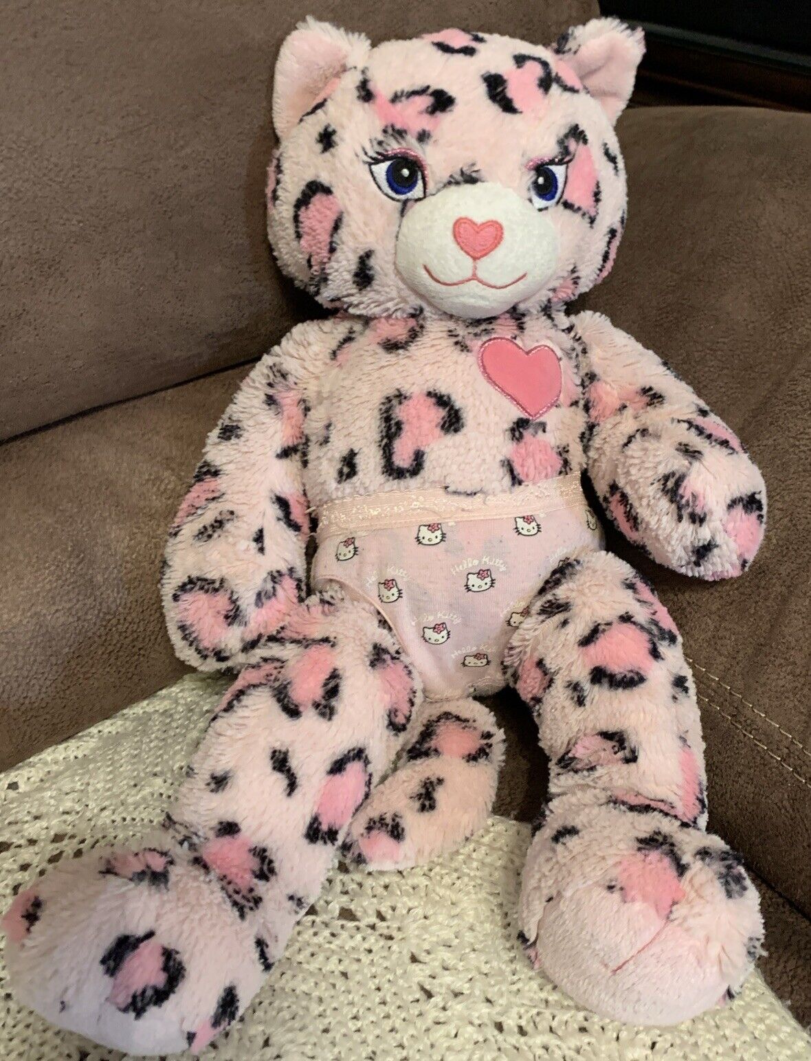 Build A Bear L Pink Leopard Cat Heart Plush Stuffed Toy W Hello Kitty Panties