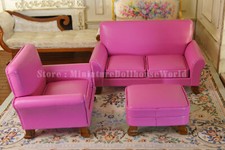 1:12Scale Pink Miniature Sofa Set with Ottoman - Dollhouse Living Room Furniture