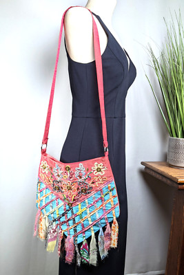 Vintage Maggi B Ribbon Embroidered Boho Cross Body/ Shoulder Bag Purse Pink NWOT