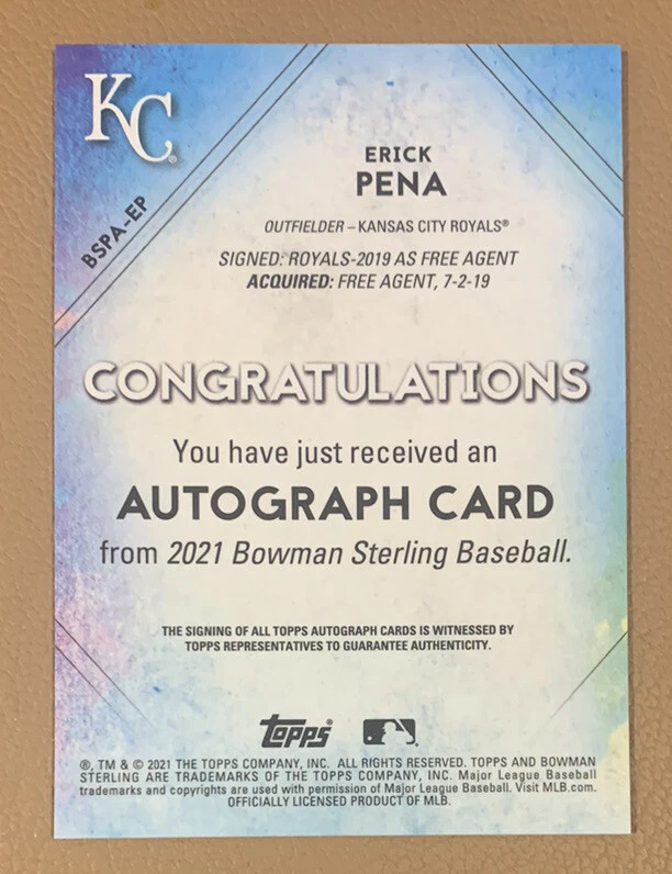 2021 Bowman Sterling Erick Pena #BSPA-EP Prospect Auto Autograph Royals - Image 2 of 2
