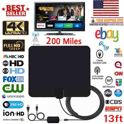 2020! Flat HD Digital Indoor Amplified TV Antenna with Amplifier 200 Miles Range