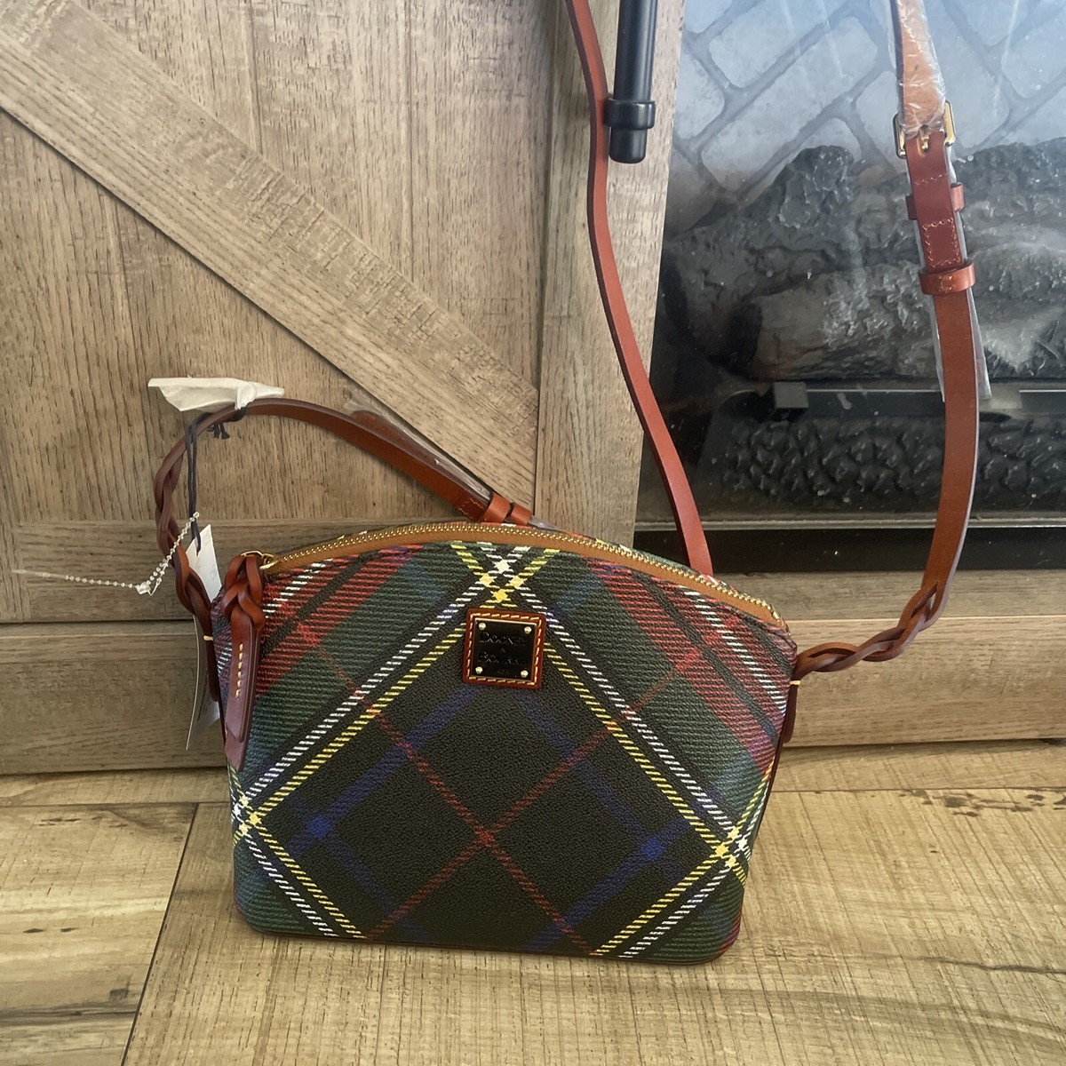 Dooney Bourke Charcoal Blue Tartan Plaid Penny Crossbody