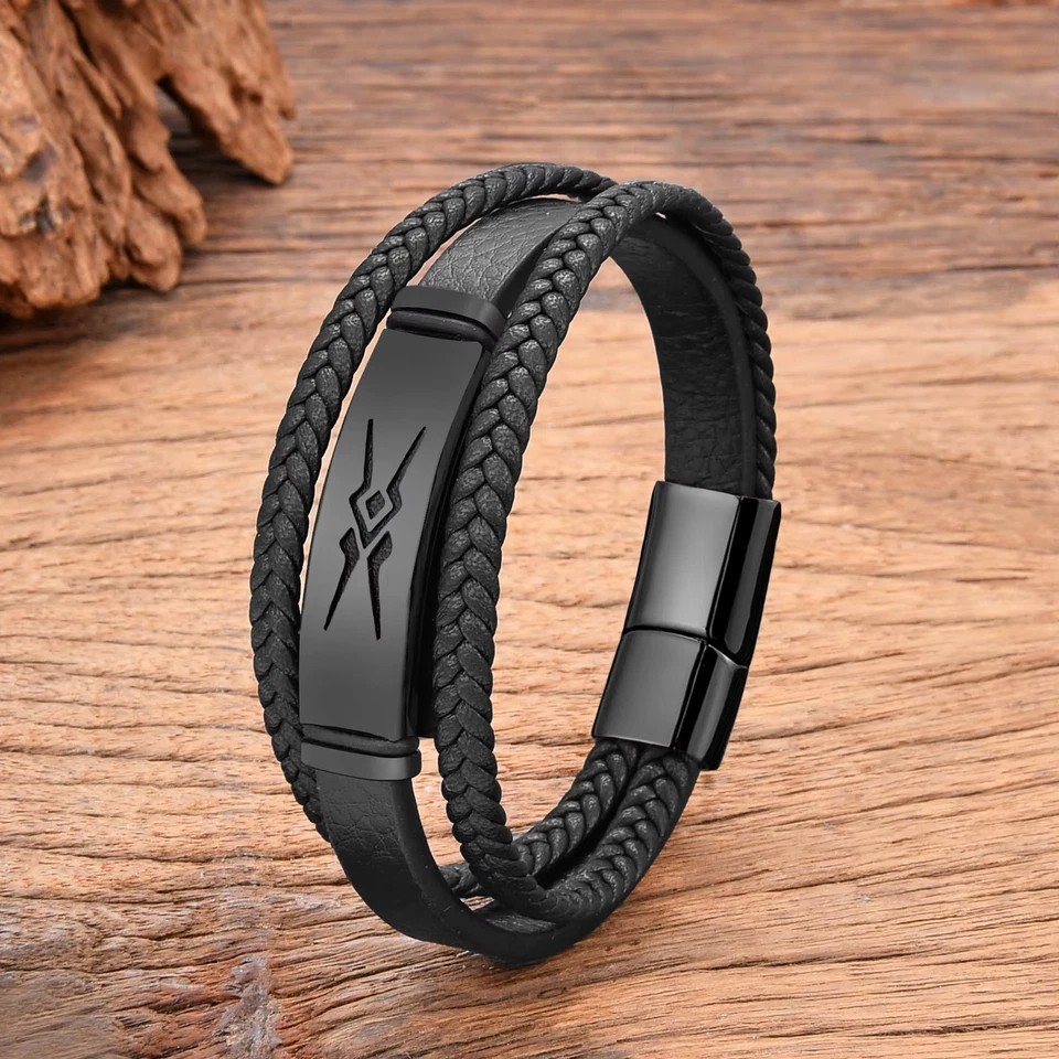 Bracelet En Acier Inoxydable Pour Hommes Corde En Cuir Tressé Multicouche Bijou - Photo 3/4