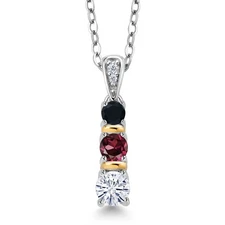 925 Silver and 10K Yellow Gold  White Moissanite Rhodolite Garnet and Onyx