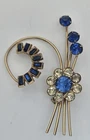 Vintage Blue Rhinestone Abstract Brooch Pin Gold Tone Costume Jewelry 2.5"