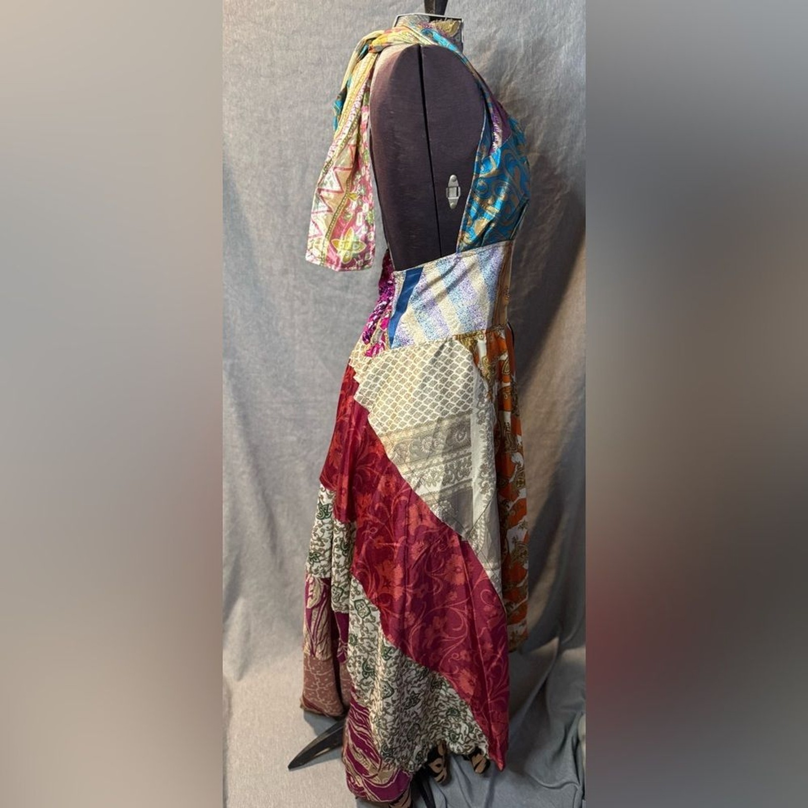 Silk Handmade Multicolor Patchwork Halter Dress XL - image 6