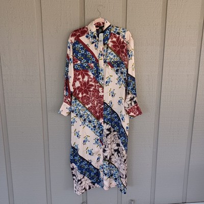 Smythe Floral Print Shirt Dress Size M Women Long Sleeve Slit Multi Scarf Print