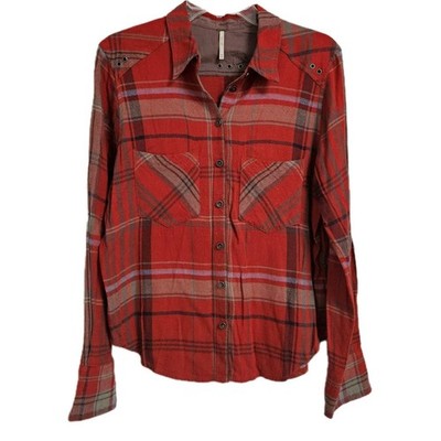 Free People Flannel Linen Blend Shirt Wesley Plaid Button Up Women's XS Red EUC