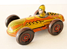 VINTAGE 1930/1940 MARX TIN LITHO WIND UP 3 ORANGE RACE CAR WITH DRIVER 6"