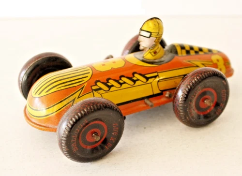 VINTAGE 1930/1940  MARX TIN LITHO WIND UP #3  ORANGE  RACE CAR WITH DRIVER 6"
