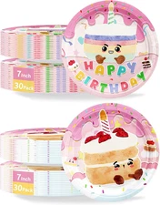 60 Pcs Pink Happy Birthday Plates, 7'' Birthday Paper Plates, Disposable Party D