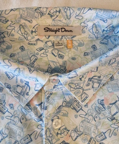 Straight Down Performance Polo Shirt Mens Large Retro Music Record CD Walkman