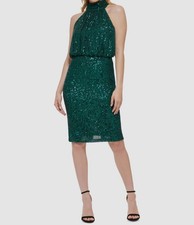 Eliza J Women's Green Sequins Mock Neck Sleeveless Blouson Dress Size 10