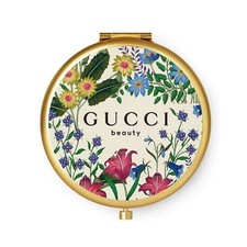 Gucci Beauty Floral Compact Mirror w/ Pink Satin Pouch Gold Tone 6cm
