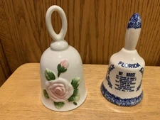 2 Vintage Ceramic Bells-Pink Raised Rose And Blue Sponge Paint Florida My House 