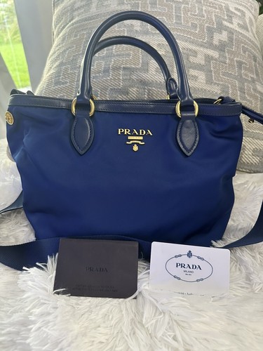 Prada Blue Printed Saffiano Lux Bauletto Bag