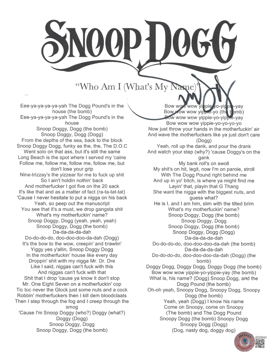 RAPPER SNOOP DOGG SIGNED 'WHO AM I (WHAT'S MY NAME)?' LYRIC SHEET