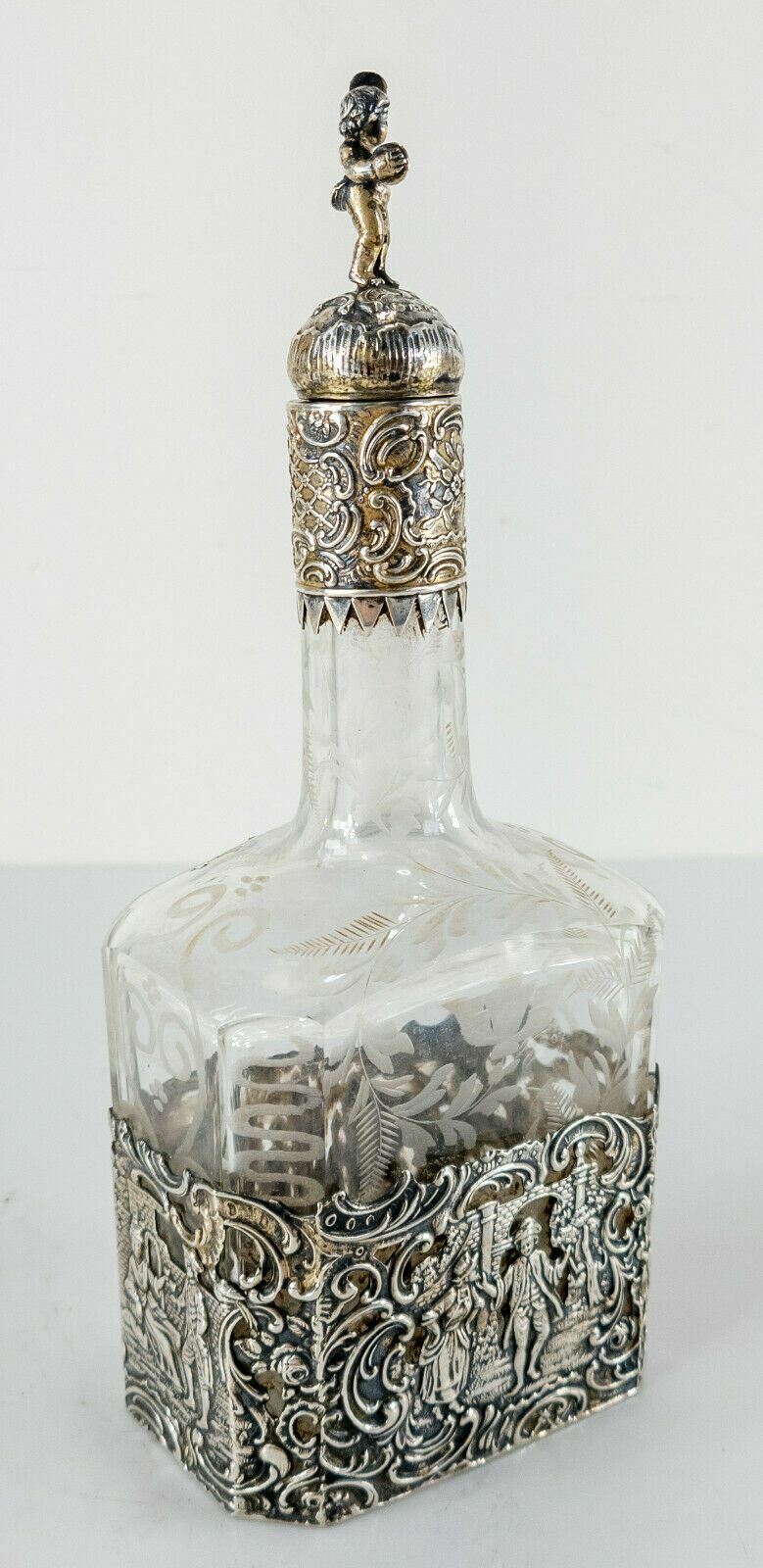 Antique 17th Century German Hallmarked Silver and Etched Glass Decanter Bottle