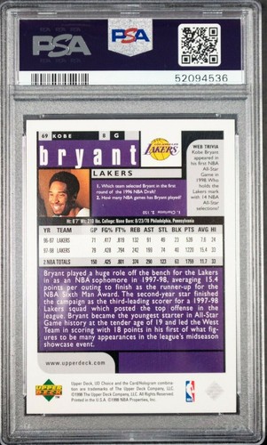 1998 Upper Deck Choice Preview Kobe Bryant #69 PSA 10 Los Angeles Lakers HOF - Picture 2 of 2