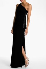 Laundry by Shelli Segal Beaded Panel One-Shoulder Jersey Gown Sz 8 Black