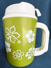 Vintage 34 oz Thermo-Serv Insulated Jumbo Green Hibiscus Travel Mug