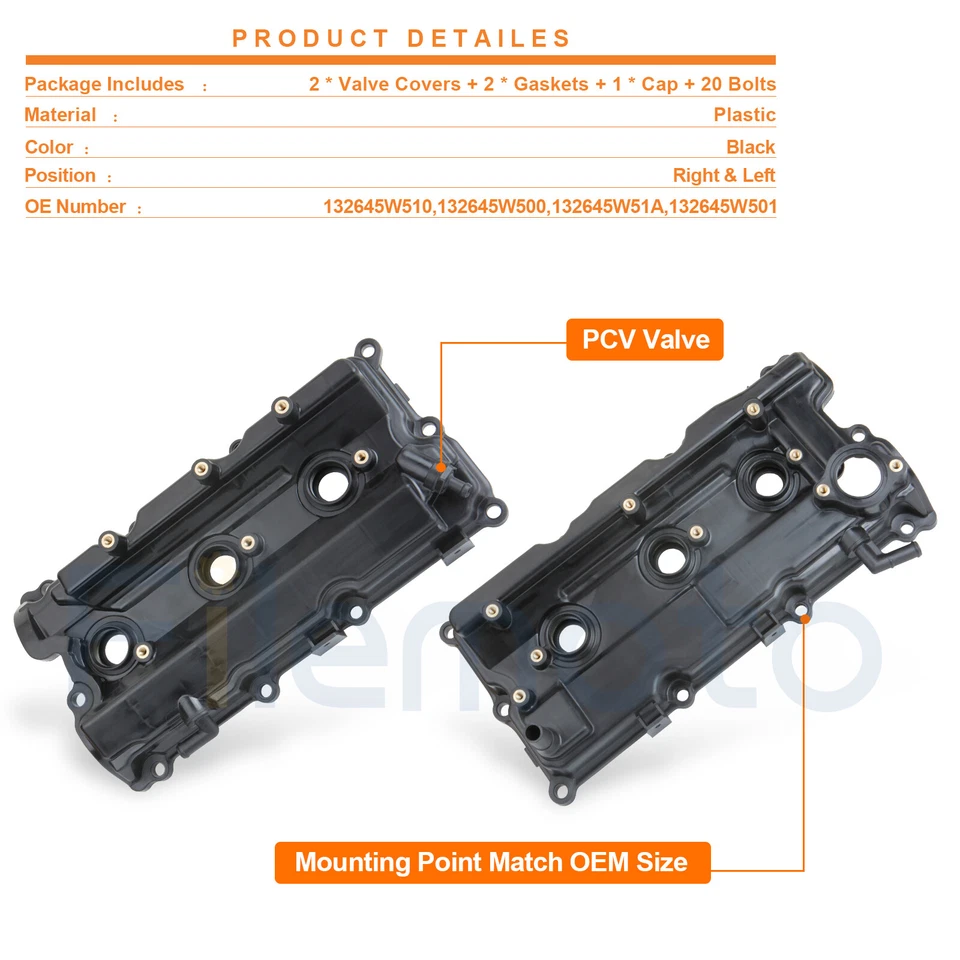 Valve Cover Left and Right w/ Gasket for 02-04 Nissan Pathfinder Infiniti QX4 - Image 2 of 4