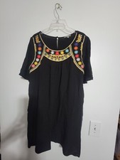 Jodifl Women Black Embroidered Flowy Peasant Shift Boho Dress Tunic Dress Sz Sm