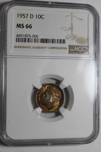 1957 D Rainbow Tone Roosevelt Dime NGC MS66 #006